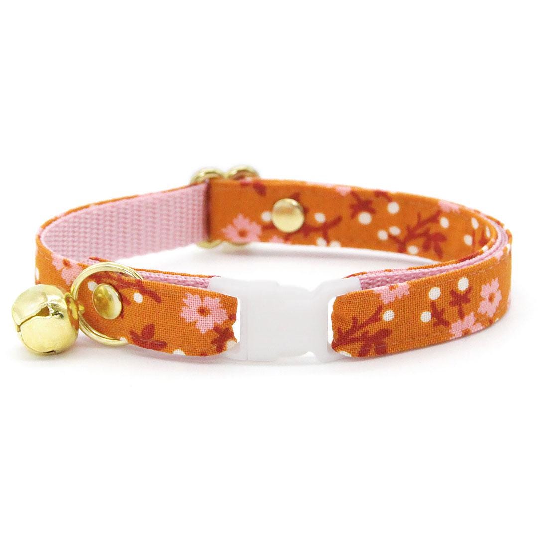 Cat Collar + Flower Set - "Ginger Blossom" - Fall Floral Cat Collar w/ Baby Pink Felt Flower (Detachable) / Cat, Kitten + Small Dog Sizes