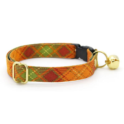 Cat Collar + Flower Set - "Maplewood" - Fall Plaid Cat Collar w/ Orange Felt Flower (Detachable) / Cat, Kitten + Small Dog Sizes