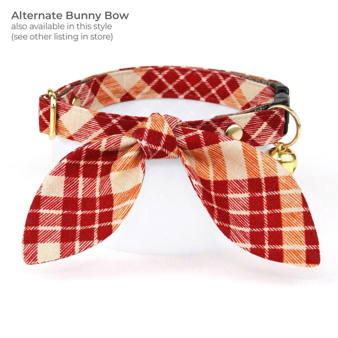 Cat Collar + Flower Set - "Russet Ridge" - Burgundy Fall Plaid Cat Collar w/ Scarlet Red Felt Flower (Detachable) / Cat, Kitten + Small Dog Sizes
