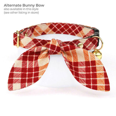 Cat Collar + Flower Set - "Russet Ridge" - Burgundy Fall Plaid Cat Collar w/ Scarlet Red Felt Flower (Detachable) / Cat, Kitten + Small Dog Sizes