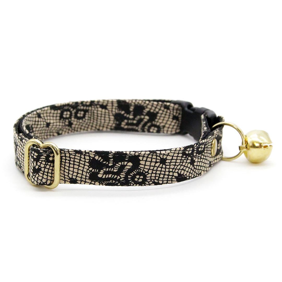 Cat Collar + Flower Set - "Filigree Black" - Simulated Lace Cat Collar w/ Ivory Felt Flower (Detachable) / Wedding, Gothic / Cat, Kitten + Small Dog Sizes