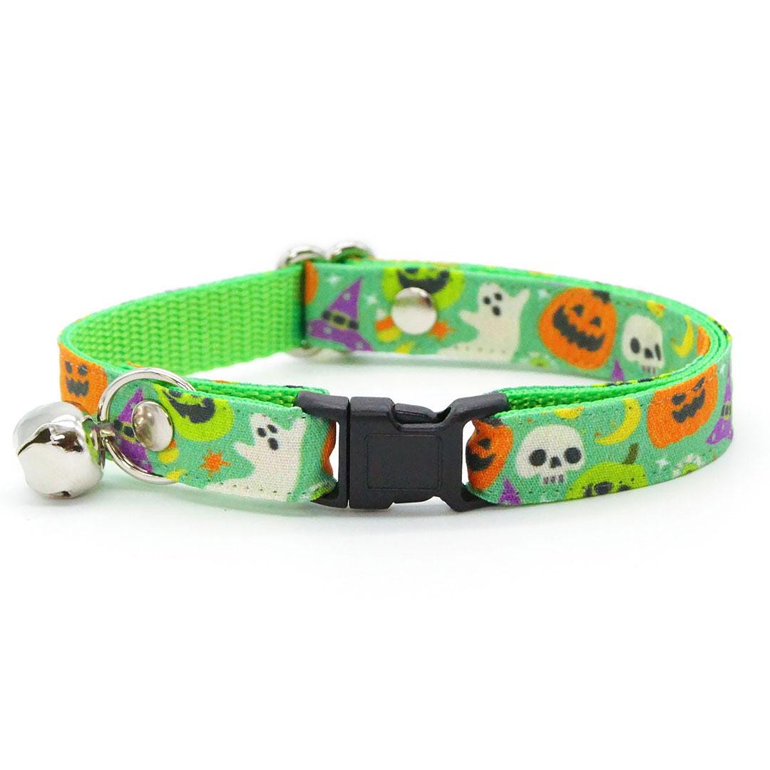 Cat Collar + Flower Set - "Creepy Cuties - Green" - Halloween Cat Collar w/ Leaf Green Felt Flower (Detachable) / Cat, Kitten + Small Dog Sizes