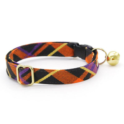 Cat Collar + Flower Set - "Midnight Mischief" - Halloween Plaid Cat Collar w/ Plum Felt Flower (Detachable) / Cat, Kitten + Small Dog Sizes