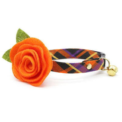 Cat Collar + Flower Set - "Midnight Mischief" - Halloween Plaid Cat Collar w/ Orange Felt Flower (Detachable) / Cat, Kitten + Small Dog Sizes