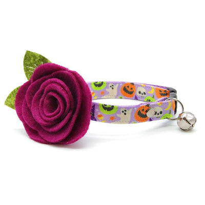 Cat Collar + Flower Set - "Creepy Cuties - Purple" - Halloween Cat Collar w/ Plum Felt Flower (Detachable) / Cat, Kitten + Small Dog Sizes