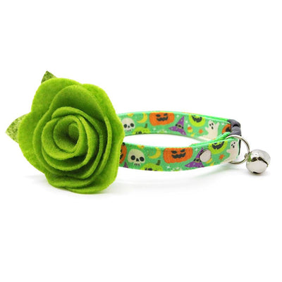Cat Collar + Flower Set - "Creepy Cuties - Green" - Halloween Cat Collar w/ Leaf Green Felt Flower (Detachable) / Cat, Kitten + Small Dog Sizes
