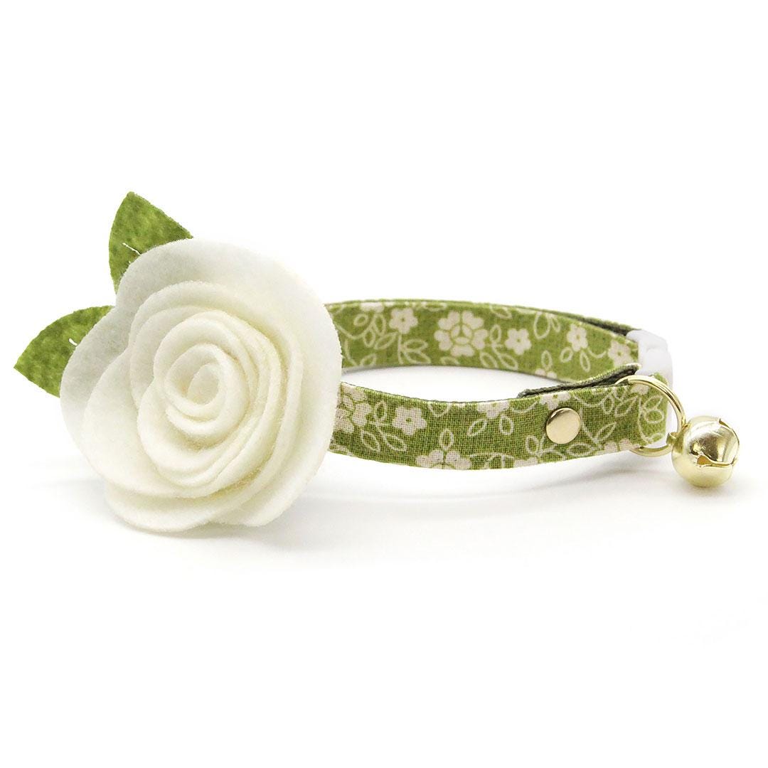 Cat Collar + Flower Set - "Moss" - Olive Green Floral Cat Collar w/ Ivory Felt Flower (Detachable) / Cat, Kitten + Small Dog Sizes