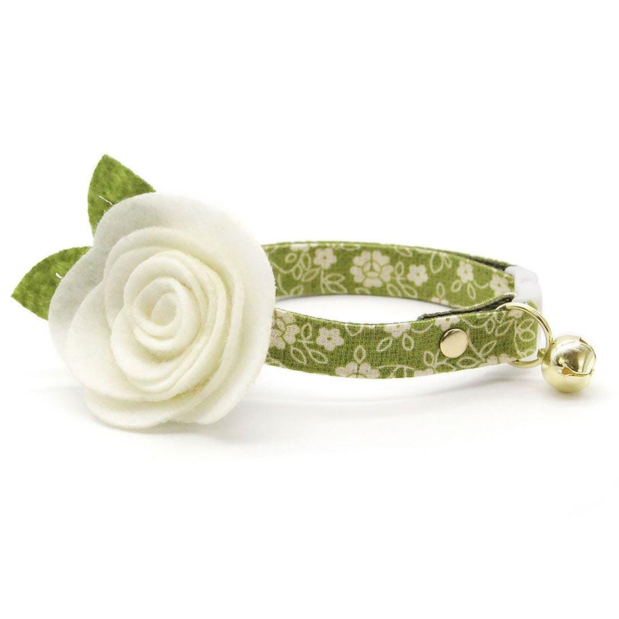 Cat Collar + Flower Set - "Moss" - Olive Green Floral Cat Collar w/ Ivory Felt Flower (Detachable) / Cat, Kitten + Small Dog Sizes