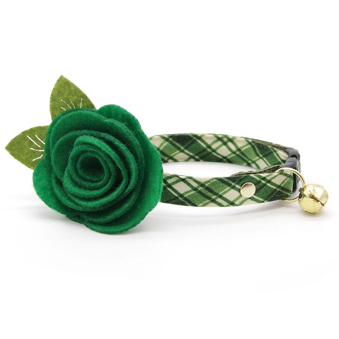 Cat Collar + Flower Set - "Pinecrest" - Green Plaid Cat Collar w/ Clover Green Felt Flower (Detachable) / Cat, Kitten + Small Dog Sizes
