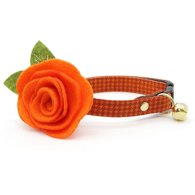 Cat Collar + Flower Set - "Pumpkin Spice" - Fall Orange Houndstooth Cat Collar w/ Orange Felt Flower (Detachable) / Cat, Kitten + Small Dog Sizes