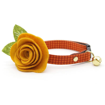 Cat Collar + Flower Set - "Pumpkin Spice" - Fall Orange Houndstooth Cat Collar w/ Mustard Felt Flower (Detachable) / Cat, Kitten + Small Dog Sizes