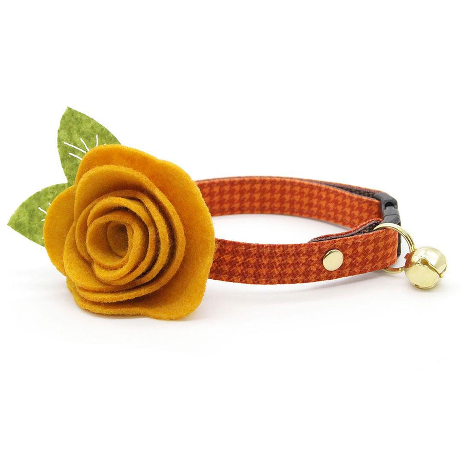 Cat Collar + Flower Set - "Pumpkin Spice" - Fall Orange Houndstooth Cat Collar w/ Mustard Felt Flower (Detachable) / Cat, Kitten + Small Dog Sizes