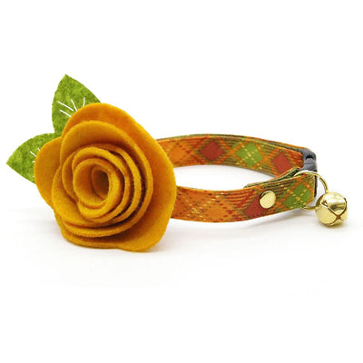 Cat Collar + Flower Set - "Maplewood" - Fall Plaid Cat Collar w/ Mustard Felt Flower (Detachable) / Cat, Kitten + Small Dog Sizes