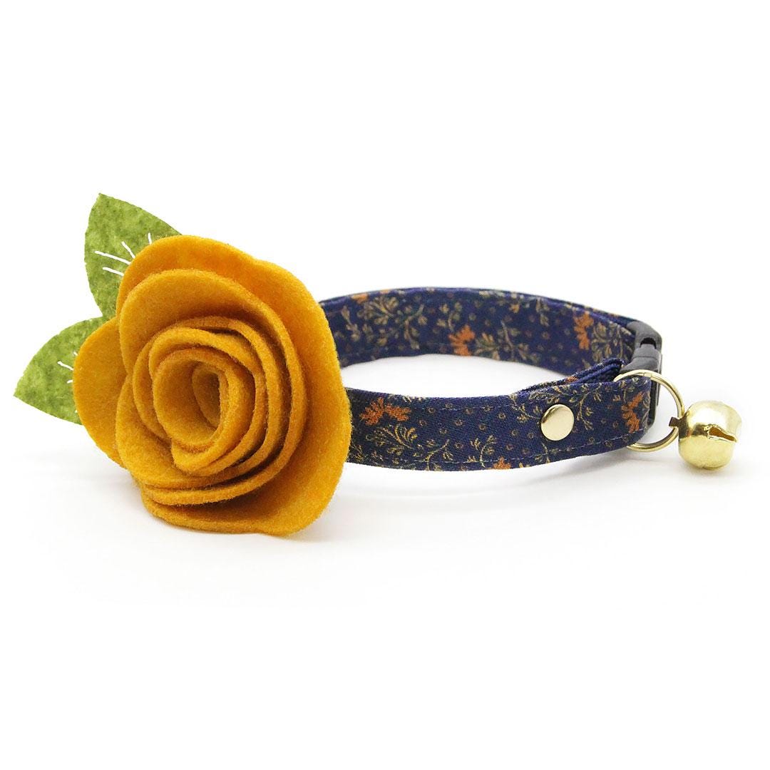 Cat Collar + Flower Set - "Indigo Manor" - Navy Blue Fall Cat Collar w/ Mustard Felt Flower (Detachable) / Cat, Kitten + Small Dog Sizes
