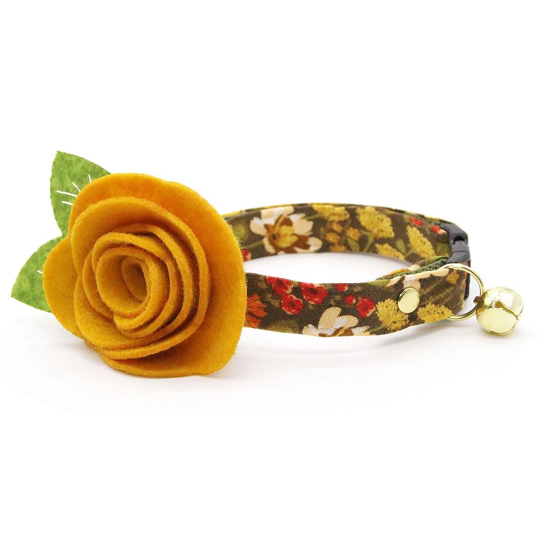 Cat Collar + Flower Set - "Autumn Fields" - Fall Floral Cat Collar w/ Mustard Felt Flower (Detachable) / Cat, Kitten + Small Dog Sizes