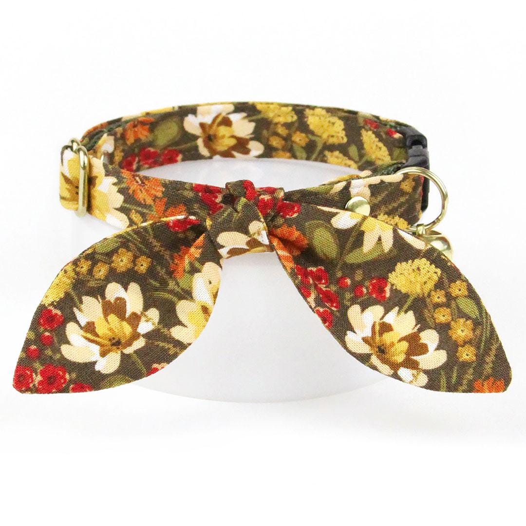 Wildflower Cat Collar - "Autumn Fields" - Olive Green Rustic Floral Cat Collar / Fall + Thanksgiving / Breakaway Buckle or Non-Breakaway / Cat, Kitten + Small Dog Sizes