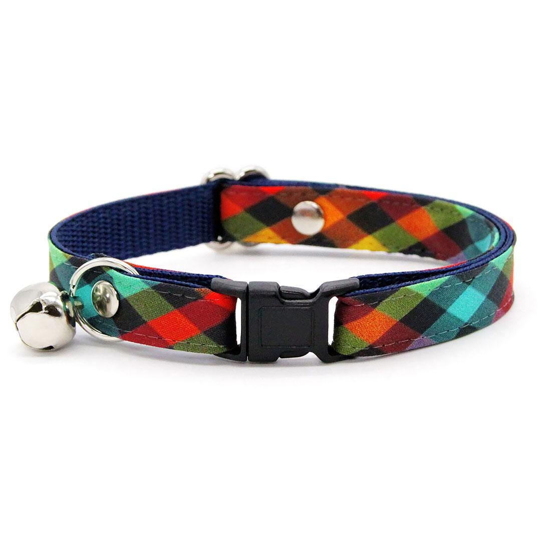 Bow Tie Cat Collar Set - "Metro" - Rainbow Check Plaid Cat Collar with Bow Tie / Arty, Fun, Back to School / Cat, Kitten, Small Dog Sizes