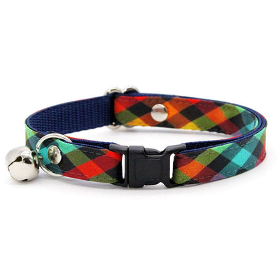 Bow Tie Cat Collar Set - "Metro" - Rainbow Check Plaid Cat Collar with Bow Tie / Arty, Fun, Back to School / Cat, Kitten, Small Dog Sizes