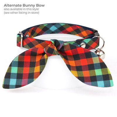 Bow Tie Cat Collar Set - "Metro" - Rainbow Check Plaid Cat Collar with Bow Tie / Arty, Fun, Back to School / Cat, Kitten, Small Dog Sizes