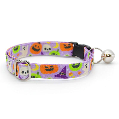 Bow Tie Cat Collar Set - "Creepy Cuties - Purple" - Halloween Cat Collar with Bow Tie / Ghost, Pumpkin, Skull / Cat, Kitten, Small Dog Sizes