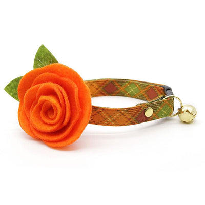 Plaid Cat Collar - "Maplewood" - Burnt Orange & Green Cat Collar / Fall & Thanksgiving / Breakaway Buckle or Non-Breakaway / Cat, Kitten + Small Dog Sizes