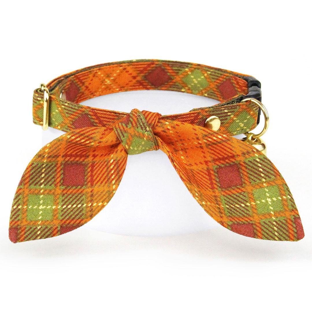 Plaid Cat Collar - "Maplewood" - Burnt Orange & Green Cat Collar / Fall & Thanksgiving / Breakaway Buckle or Non-Breakaway / Cat, Kitten + Small Dog Sizes