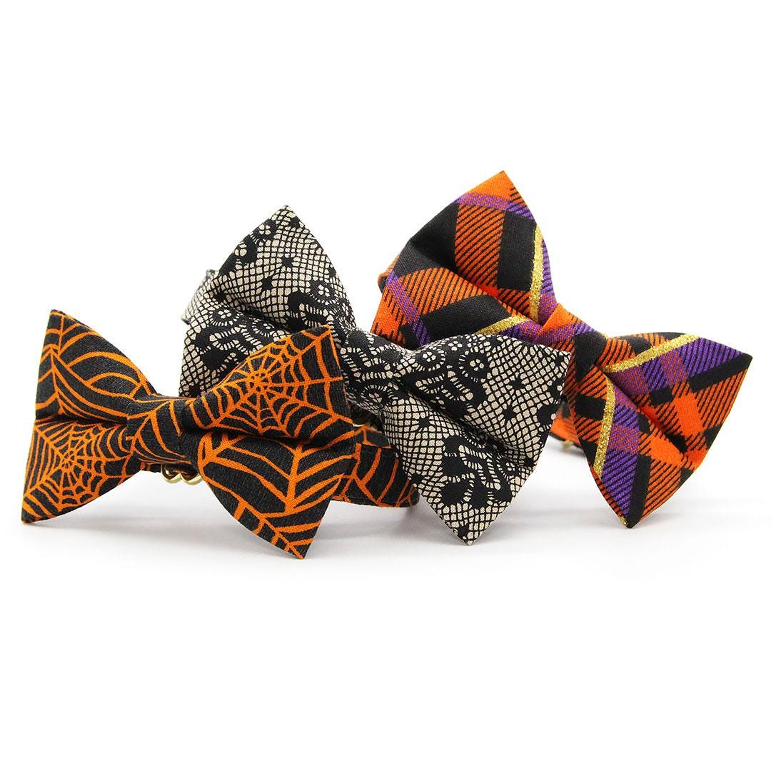 Bow Tie Cat Collar Set - "Spellbound" - Spiderweb Cat Collar with Bow Tie / Orange & Black, Halloween, Spider / Cat, Kitten, Small Dog Sizes