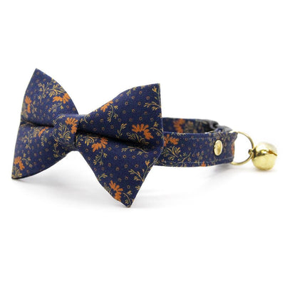 Bow Tie Cat Collar Set - "Indigo Manor" - Navy Blue Cat Collar with Bow Tie / Farmhouse, William Morris / Cat, Kitten, Small Dog Sizes
