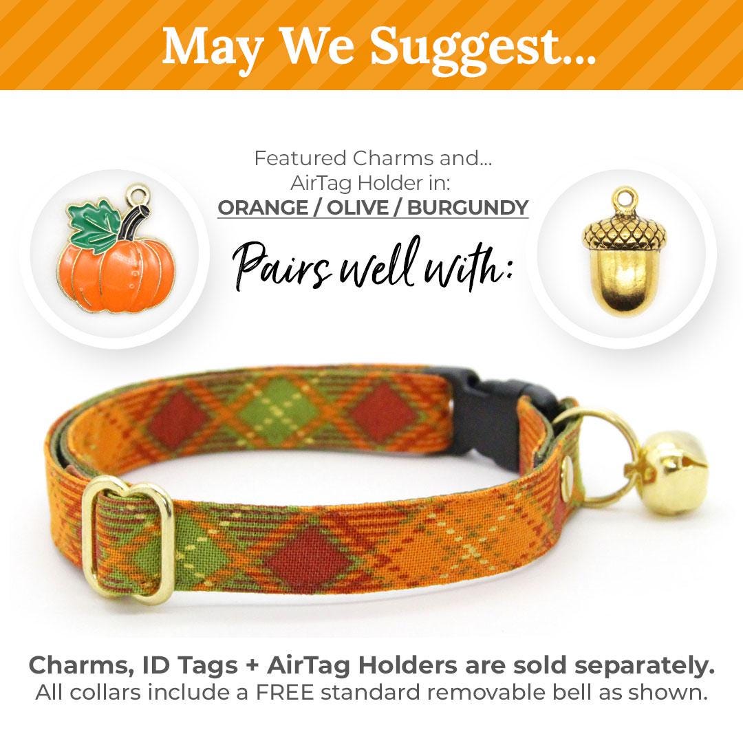 Plaid Cat Collar - "Maplewood" - Burnt Orange & Green Cat Collar / Fall & Thanksgiving / Breakaway Buckle or Non-Breakaway / Cat, Kitten + Small Dog Sizes