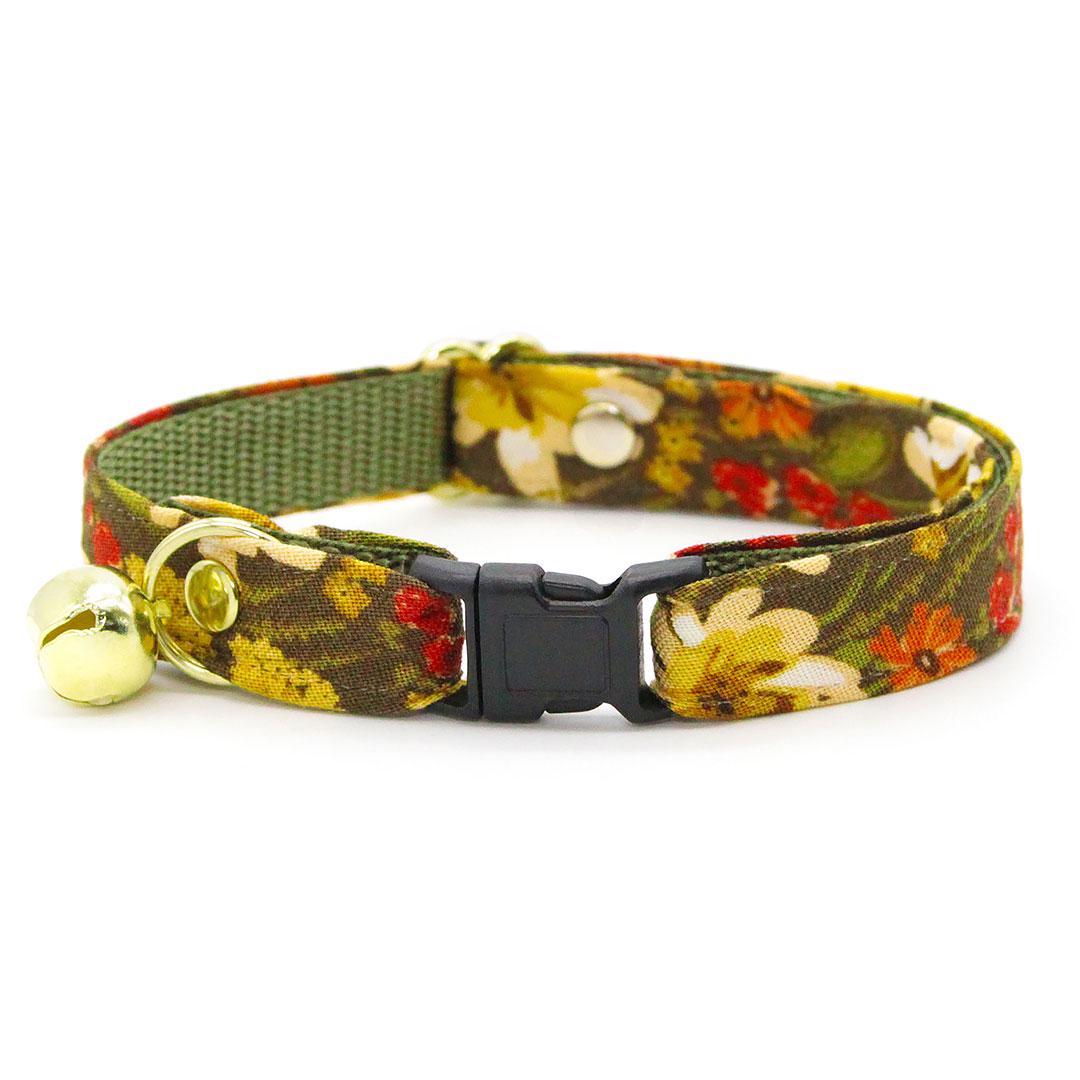 Cat Collar & Bunny Ear Bow Set - "Autumn Fields" - Fall Wildflowers Floral Cat Collar w/ Matching Bunny Bow Tie / Tie-On Scarf / Cat, Kitten + Small Dog Sizes