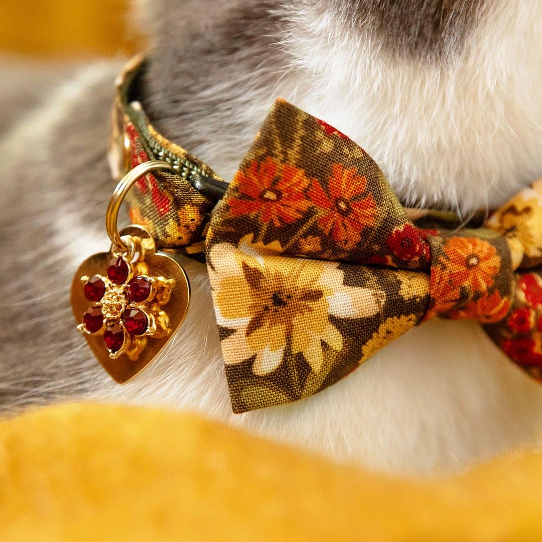 Cat Collar & Bunny Ear Bow Set - "Autumn Fields" - Fall Wildflowers Floral Cat Collar w/ Matching Bunny Bow Tie / Tie-On Scarf / Cat, Kitten + Small Dog Sizes