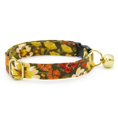 Cat Collar & Bunny Ear Bow Set - "Autumn Fields" - Fall Wildflowers Floral Cat Collar w/ Matching Bunny Bow Tie / Tie-On Scarf / Cat, Kitten + Small Dog Sizes