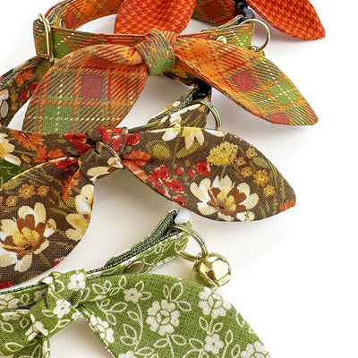 Cat Collar & Bunny Ear Bow Set - "Autumn Fields" - Fall Wildflowers Floral Cat Collar w/ Matching Bunny Bow Tie / Tie-On Scarf / Cat, Kitten + Small Dog Sizes