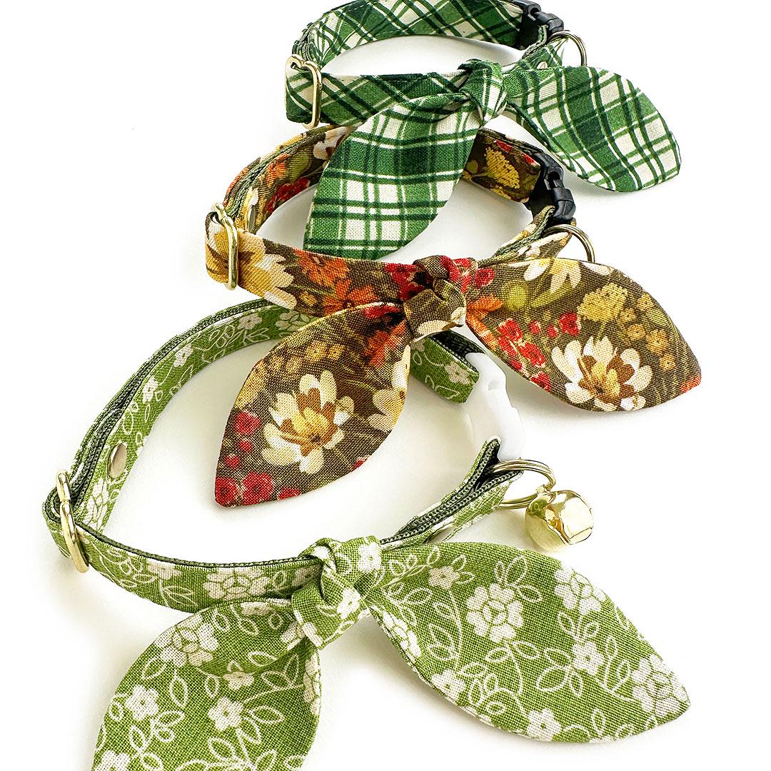 Cat Collar & Bunny Ear Bow Set - "Autumn Fields" - Fall Wildflowers Floral Cat Collar w/ Matching Bunny Bow Tie / Tie-On Scarf / Cat, Kitten + Small Dog Sizes