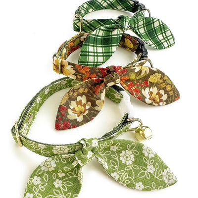 Cat Collar & Bunny Ear Bow Set - "Autumn Fields" - Fall Wildflowers Floral Cat Collar w/ Matching Bunny Bow Tie / Tie-On Scarf / Cat, Kitten + Small Dog Sizes