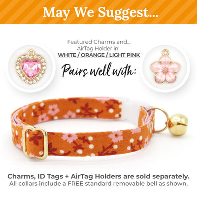 Cat Collar & Bunny Ear Bow Set - "Ginger Blossom" - Burnt Orange & Pink Floral Cat Collar w/ Matching Bunny Bow Tie / Tie-On Scarf / Cat, Kitten + Small Dog Sizes