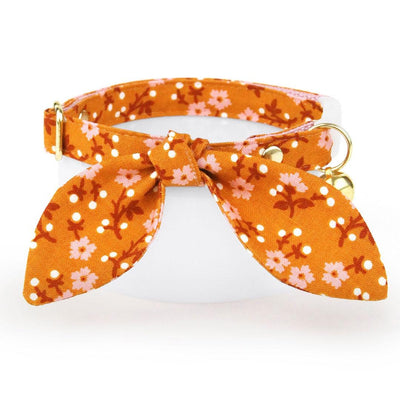 Cat Collar & Bunny Ear Bow Set - "Ginger Blossom" - Burnt Orange & Pink Floral Cat Collar w/ Matching Bunny Bow Tie / Tie-On Scarf / Cat, Kitten + Small Dog Sizes