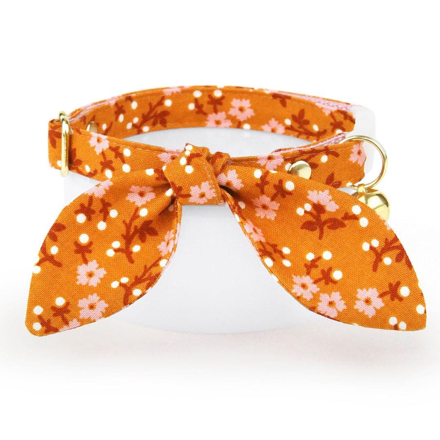 Cat Collar & Bunny Ear Bow Set - "Ginger Blossom" - Burnt Orange & Pink Floral Cat Collar w/ Matching Bunny Bow Tie / Tie-On Scarf / Cat, Kitten + Small Dog Sizes