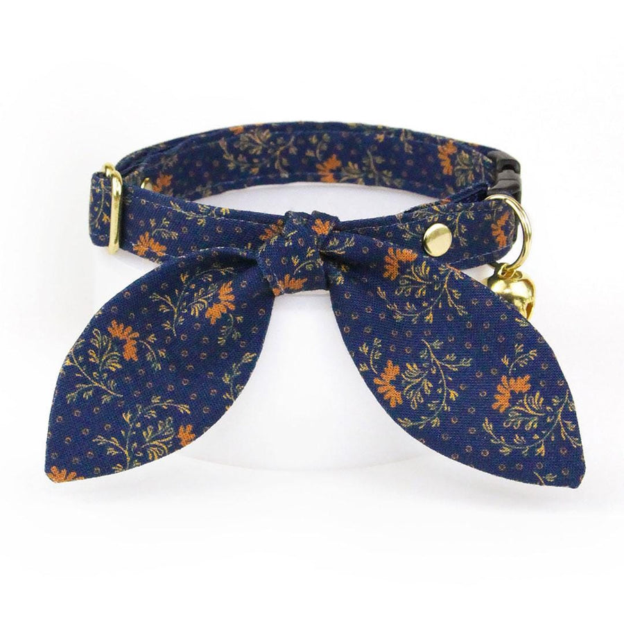 Cat Collar & Bunny Ear Bow Set - "Indigo Manor" - Copper & Navy Blue Cat Collar w/ Matching Bunny Bow Tie / Tie-On Scarf / Cat, Kitten + Small Dog Sizes
