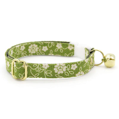 Cat Collar & Bunny Ear Bow Set - "Moss" - Light Olive Green Floral Cat Collar w/ Matching Bunny Bow Tie / Tie-On Scarf / Cat, Kitten + Small Dog Sizes