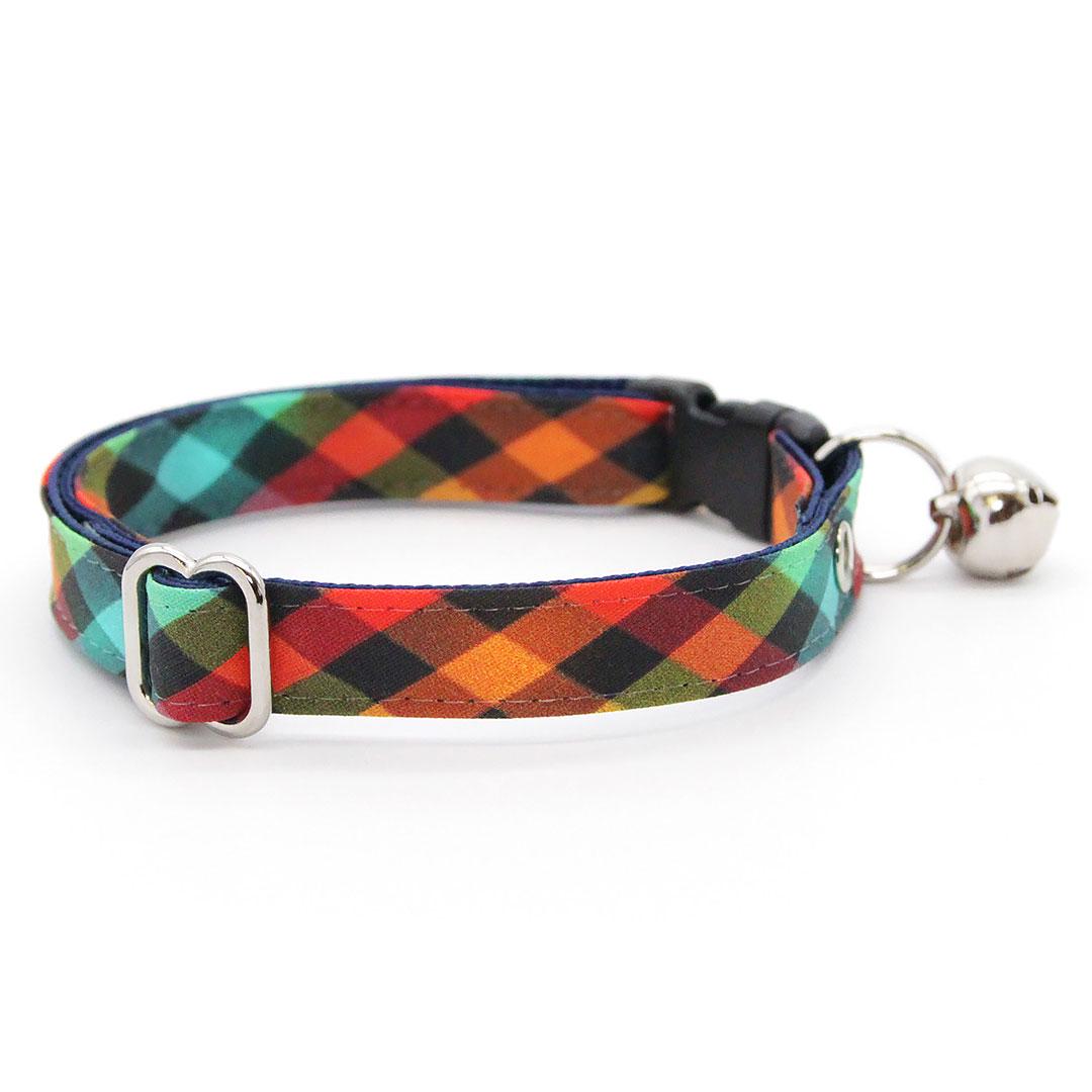 Cat Collar & Bunny Ear Bow Set - "Metro" - Arty Rainbow Check Plaid Cat Collar w/ Matching Bunny Bow Tie / Tie-On Scarf / Cat, Kitten + Small Dog Sizes