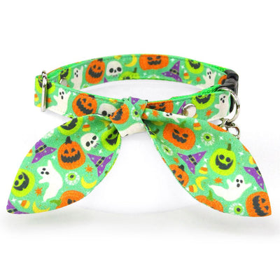 Cat Collar & Bunny Ear Bow Set - "Creepy Cuties - Green" - Spooky Green Halloween Cat Collar w/ Matching Bunny Bow Tie / Tie-On Scarf / Cat, Kitten + Small Dog Sizes