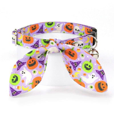 Cat Collar & Bunny Ear Bow Set - "Creepy Cuties - Purple" - Spooky Cute Halloween Cat Collar w/ Matching Bunny Bow Tie / Tie-On Scarf / Cat, Kitten + Small Dog Sizes
