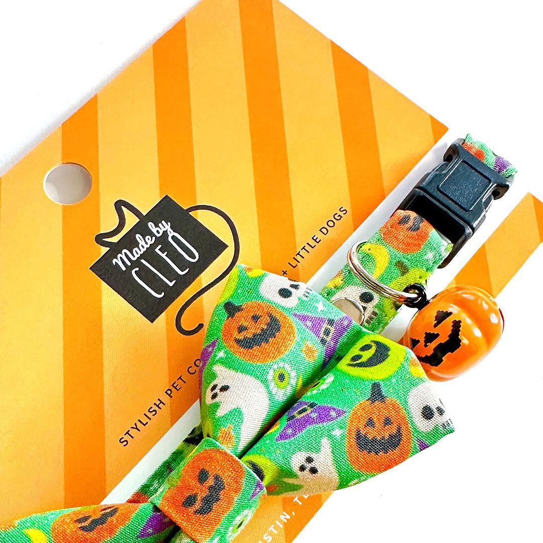 Halloween Cat Bandana - "Creepy Cuties - Green" - Spooky Green Bandana for Cat + Small Dog / Ghost, Pumpkin, Skull / Slide-on Bandana / Over-the-Collar