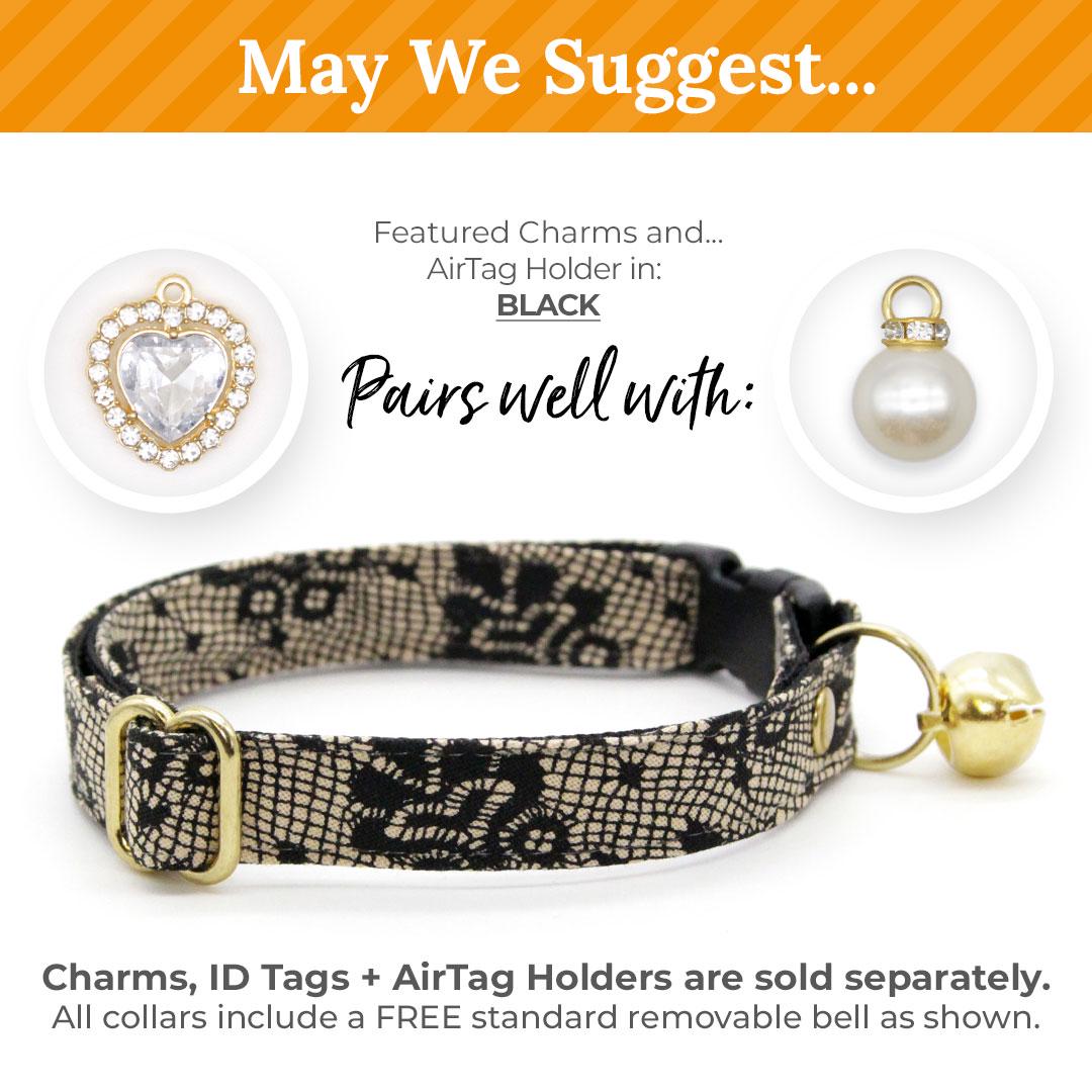 Cat Collar + Flower Set - "Filigree Black" - Simulated Lace Cat Collar w/ Ivory Felt Flower (Detachable) / Wedding, Gothic / Cat, Kitten + Small Dog Sizes