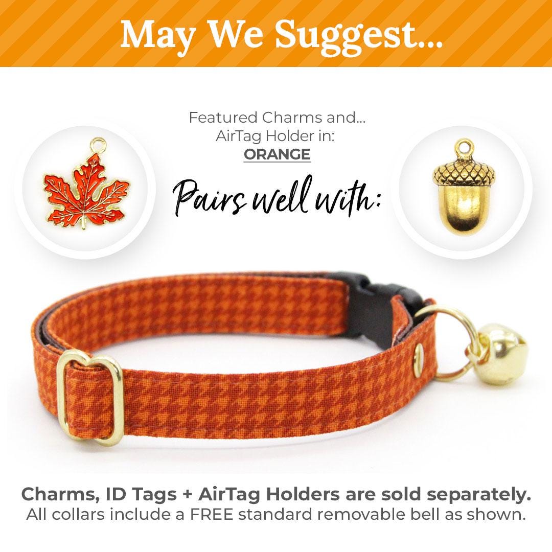 Cat Collar + Flower Set - "Pumpkin Spice" - Fall Orange Houndstooth Cat Collar w/ Orange Felt Flower (Detachable) / Cat, Kitten + Small Dog Sizes