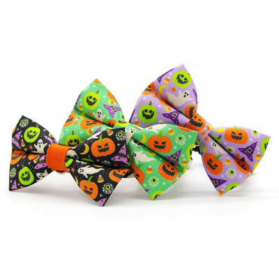 Cat Collar + Flower Set - "Creepy Cuties - Green" - Halloween Cat Collar w/ Leaf Green Felt Flower (Detachable) / Cat, Kitten + Small Dog Sizes