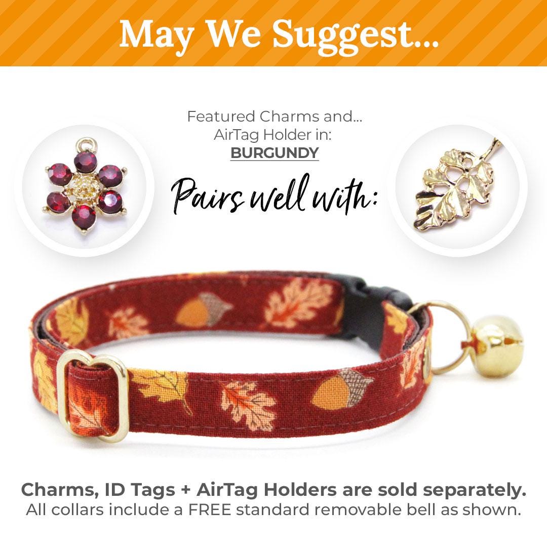 Bow Tie Cat Collar Set - "Acorn Hill" - Burgundy Fall Cat Collar with Bow Tie / Oak & Maple Leaves, Thanksgiving / Cat, Kitten, Small Dog Sizes