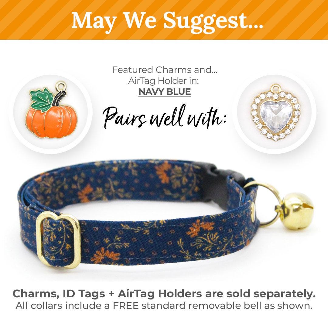 Bow Tie Cat Collar Set - "Indigo Manor" - Navy Blue Cat Collar with Bow Tie / Farmhouse, William Morris / Cat, Kitten, Small Dog Sizes