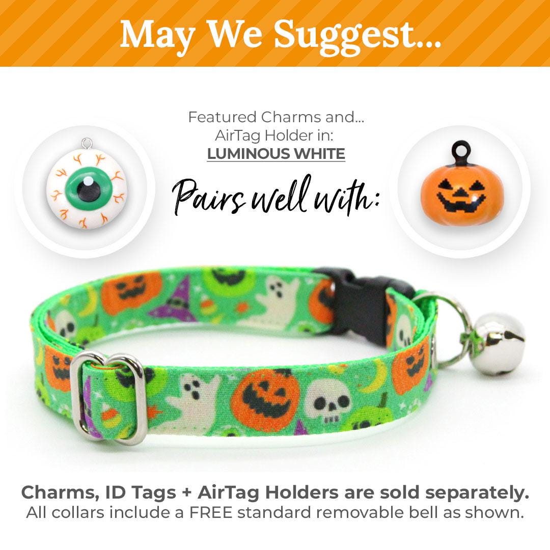 Bow Tie Cat Collar Set - "Creepy Cuties - Green" - Halloween Cat Collar with Bow Tie / Ghost, Pumpkin, Skull / Cat, Kitten, Small Dog Sizes
